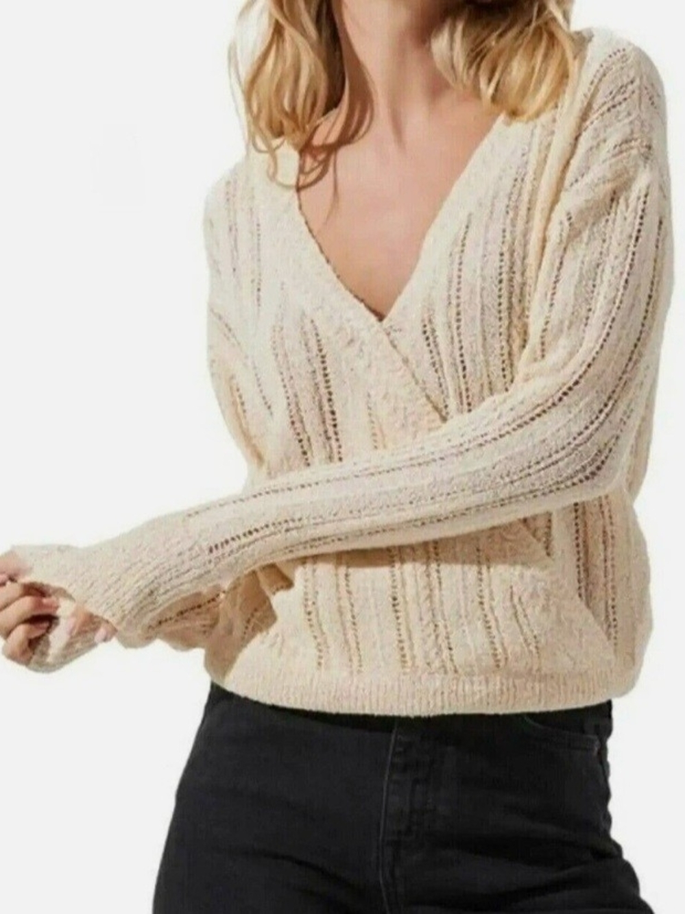 ASTR The Label Faux Wrap Pointelle Ribbed Open Knit Sweater V-Neck Cream small